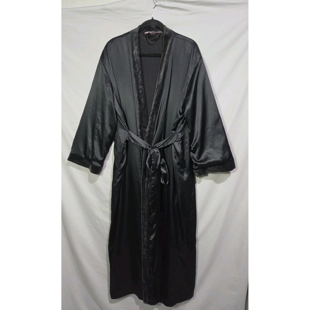 Victoria's Secret‎ M/L Long Black Satin Robe w/ Velvet Trim Lined Luxury Pockets